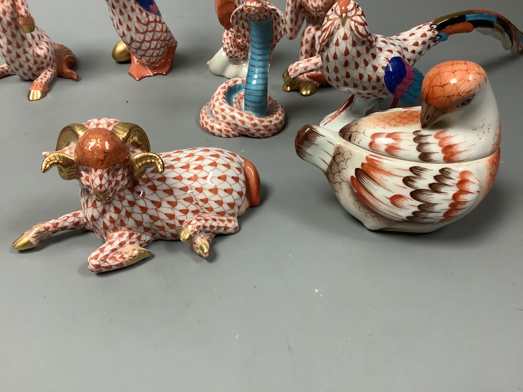 Fourteen various Herend red ‘fishnet’ animals models,